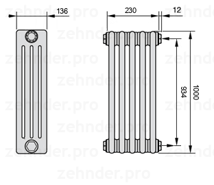 Схема (чертеж) Радиатор Zehnder Charleston 4100/5 №7610 Белый глянцевый RAL 9016